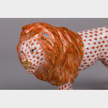 Brand New Herend Red Fishnet Standing Lion Figurine with Box