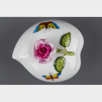 Herend Rothschild Bird Heart Shaped Trinket Box with Pink Rose Lid #6004/RO