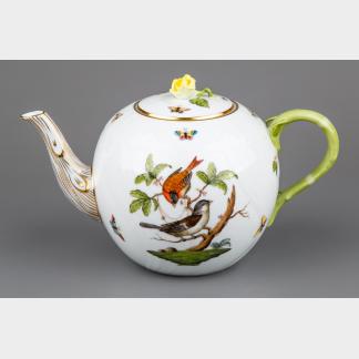 Herend Rothschild Bird Teapot with Yellow Rose Lid and Leaf Handle #1602/RO